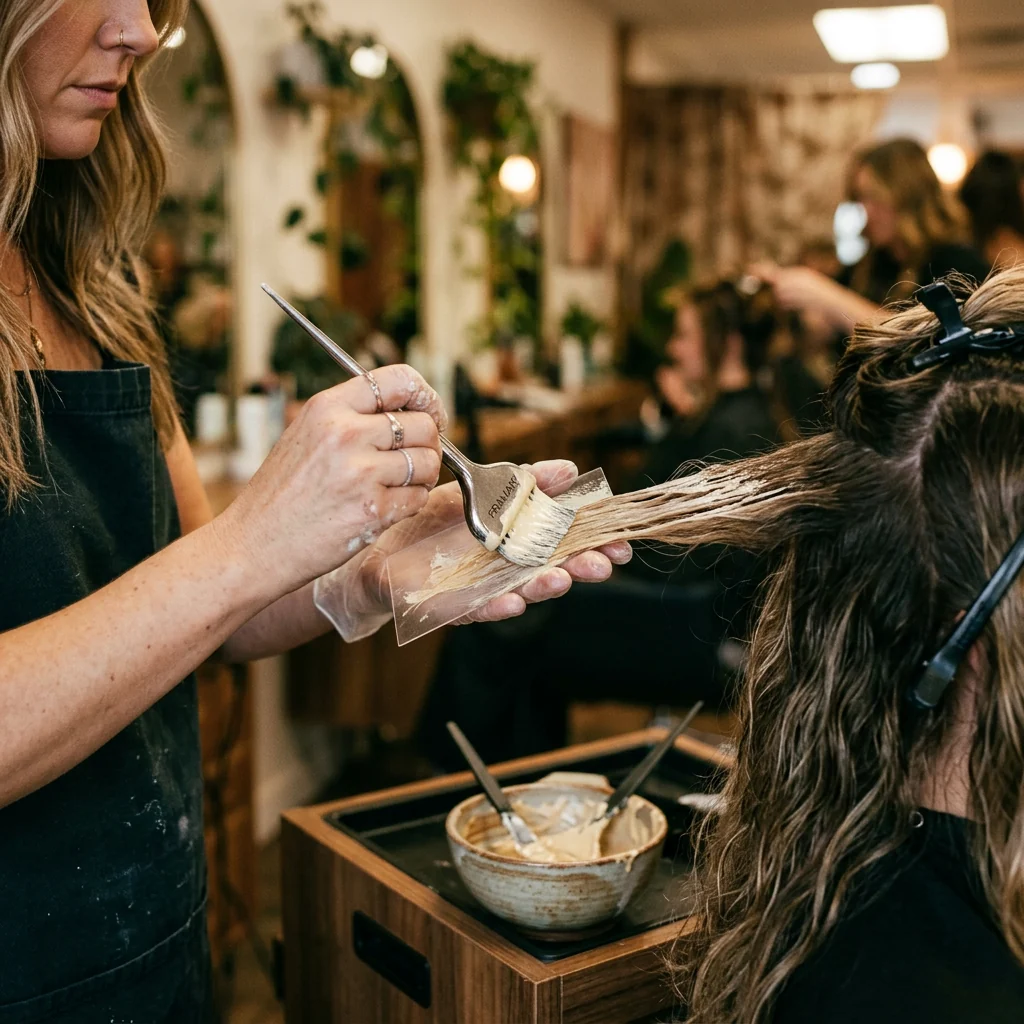Application d’un balayage au pinceau sur mèches séparées, coloriste concentrée dans un salon végétalisé