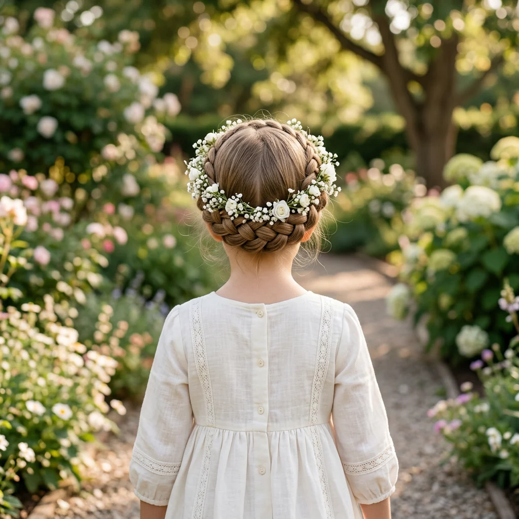 Petite fille de dos avec couronne de tresses et fleurs blanches, robe en lin dans un jardin fleuri