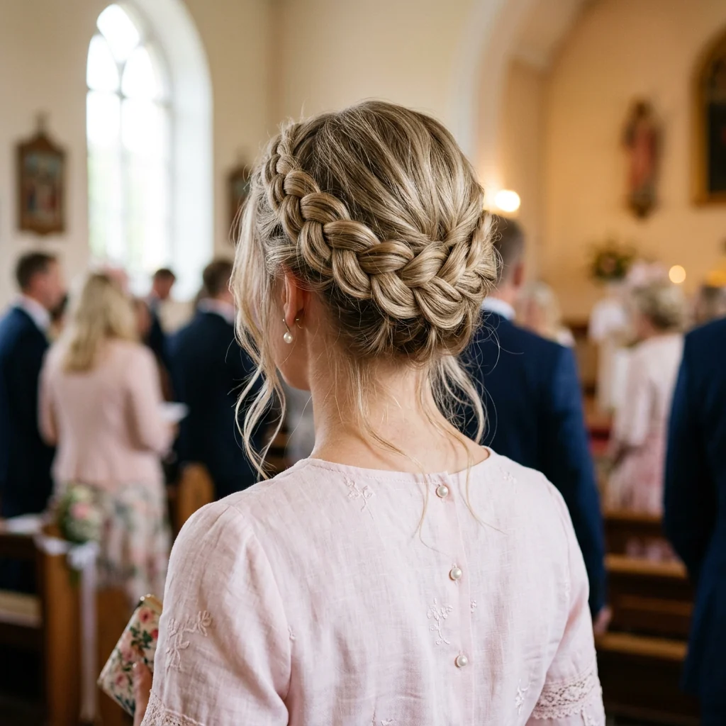 Couronne tressée blonde avec mèches libres et boucles d’oreilles en perle, assemblée de cérémonie en arrière-plan