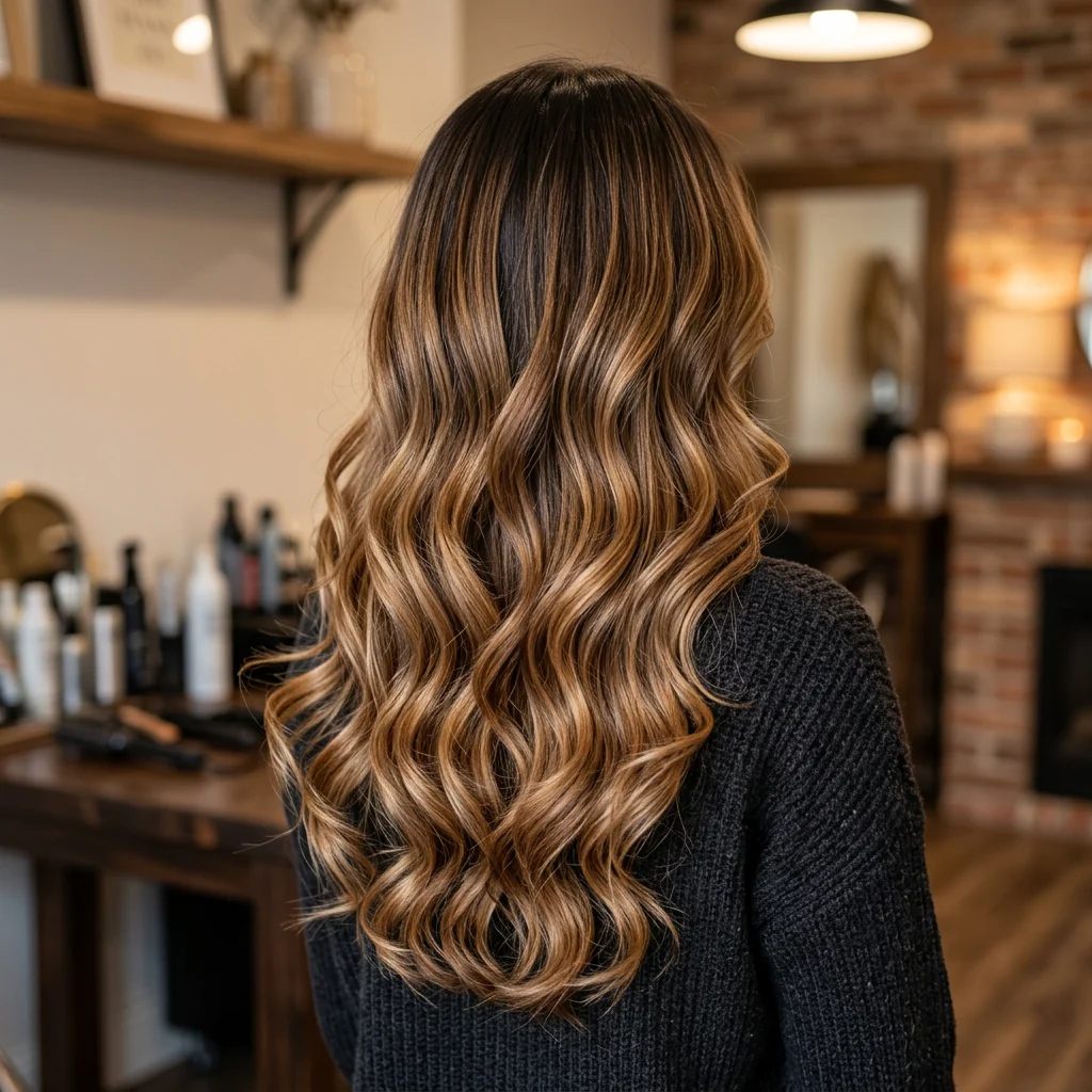 Balayage caramel aux ondulations régulières sur cheveux longs, vue de dos dans le salon