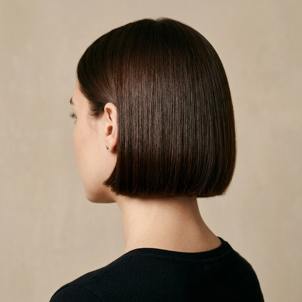 Carré court brun à la brillance miroir, coupe nette vue de profil sur fond beige