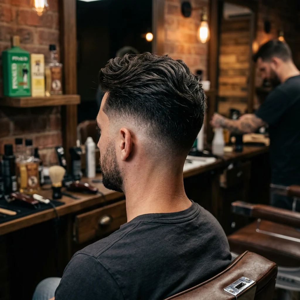 Coupe homme avec dégradé net vu de dos, atmosphère chaleureuse de barbier en arrière-plan