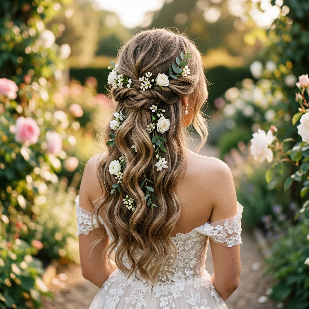 Coiffure de mariée mi-attachée aux ondulations souples, fleurs blanches et eucalyptus piqués dans les longueurs, roseraie en arrière-plan