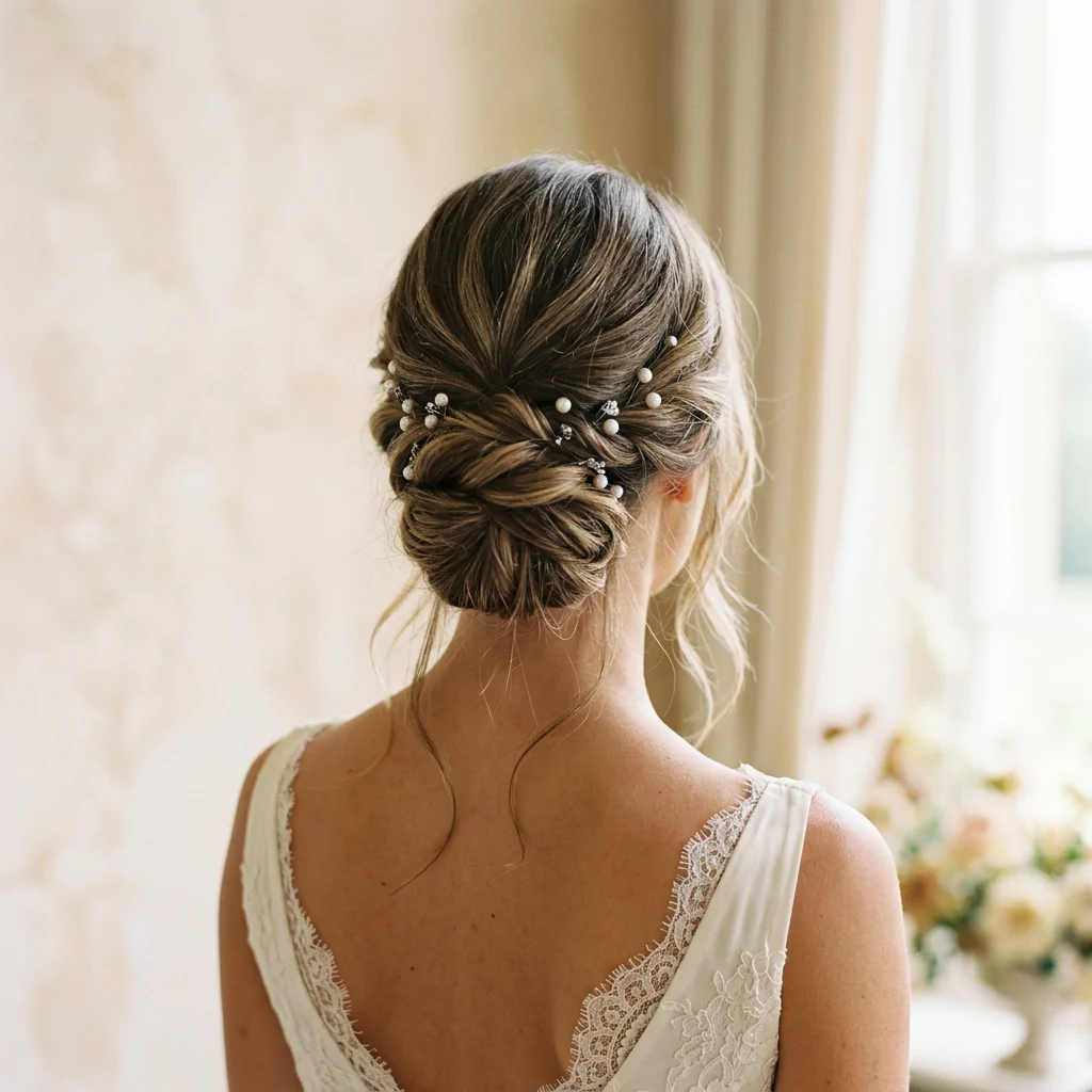 Chignon bas de mariée torsadé, piques ornées de perles, robe en dentelle et lumière de fenêtre douce