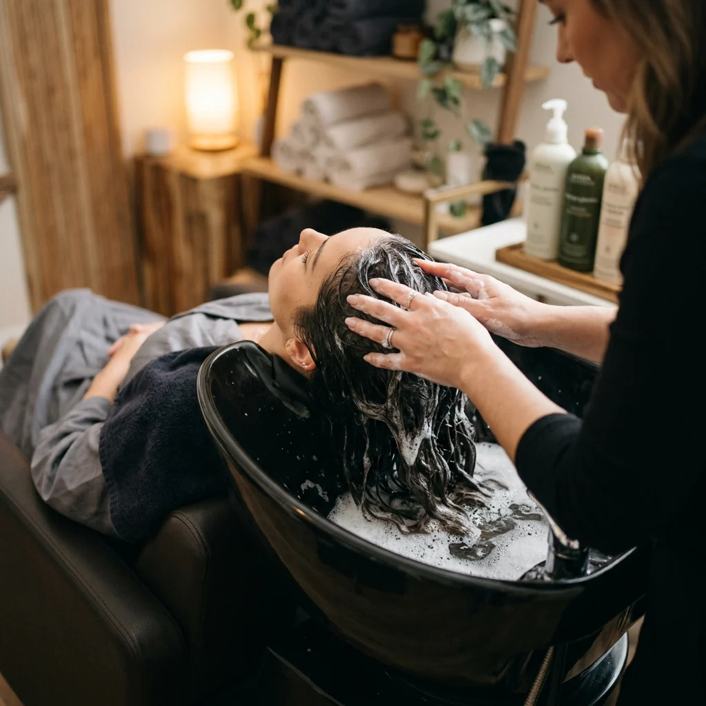 Cliente allongée au bac de lavage, massage du cuir chevelu, serviettes roulées et lumière douce