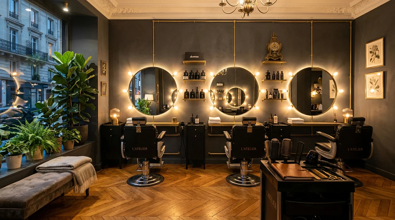 Intérieur du salon : murs anthracite, trois miroirs ronds cerclés d’ampoules chaudes, fauteuils en cuir noir et parquet en point de Hongrie