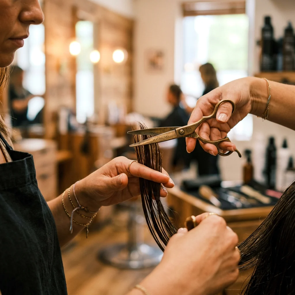 Coiffeuse coupant une mèche de cheveux mouillés aux ciseaux, gros plan sur les mains dans la lumière du salon