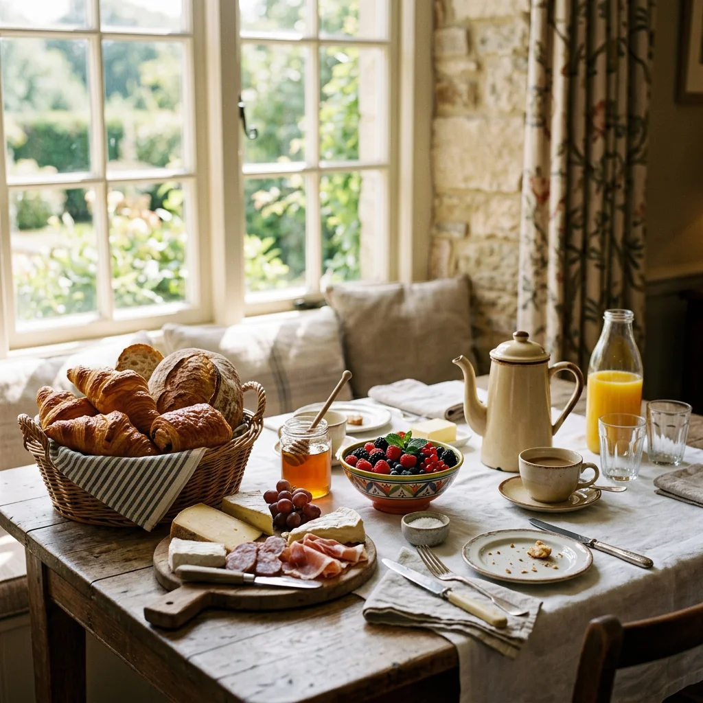 Reich gedeckter Frühstückstisch am Fenster: Croissants, Käsebrett, Beeren, Honig und Kaffee