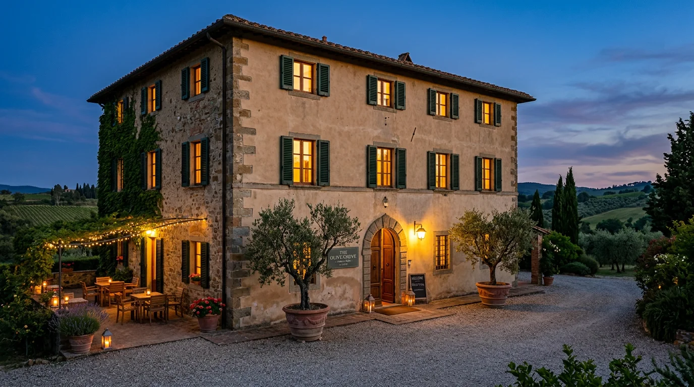 Landhotel Alte Rebe am Abend: Steinhaus mit grünen Fensterläden, warm erleuchteten Fenstern und Olivenbäumen vor der Tür