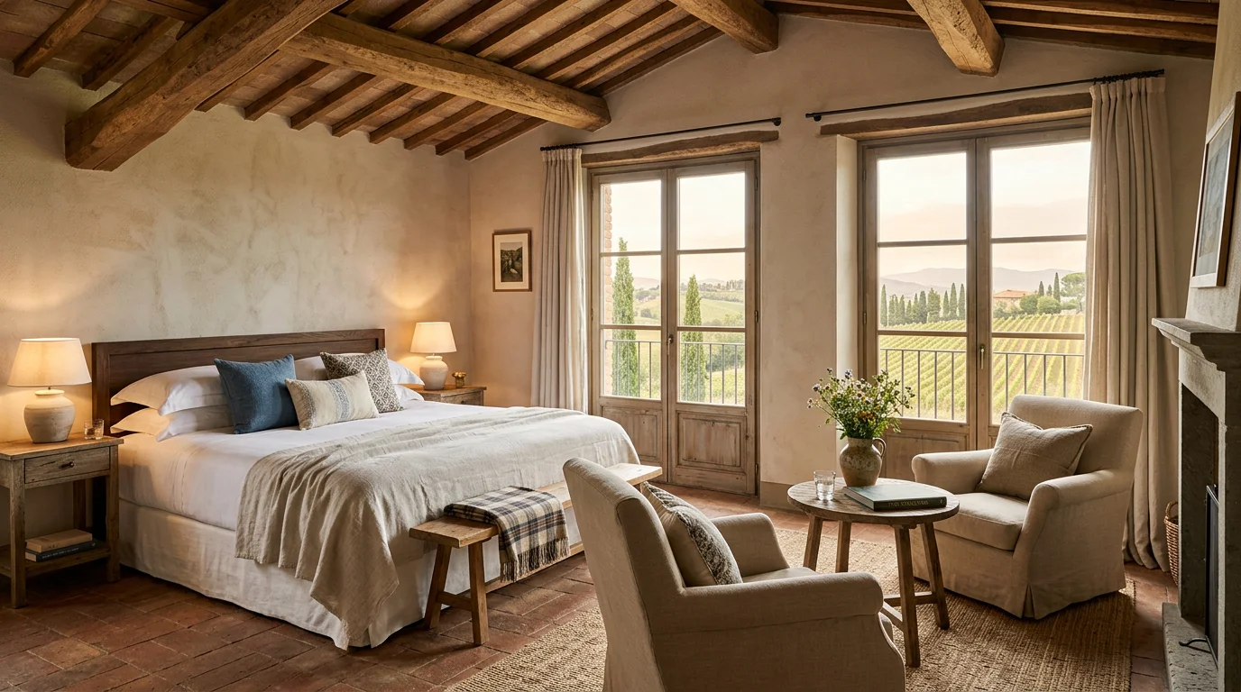 Suite mit sichtbaren Deckenbalken, Sitzecke und bodentiefen Fenstern mit Blick auf die Weinberge