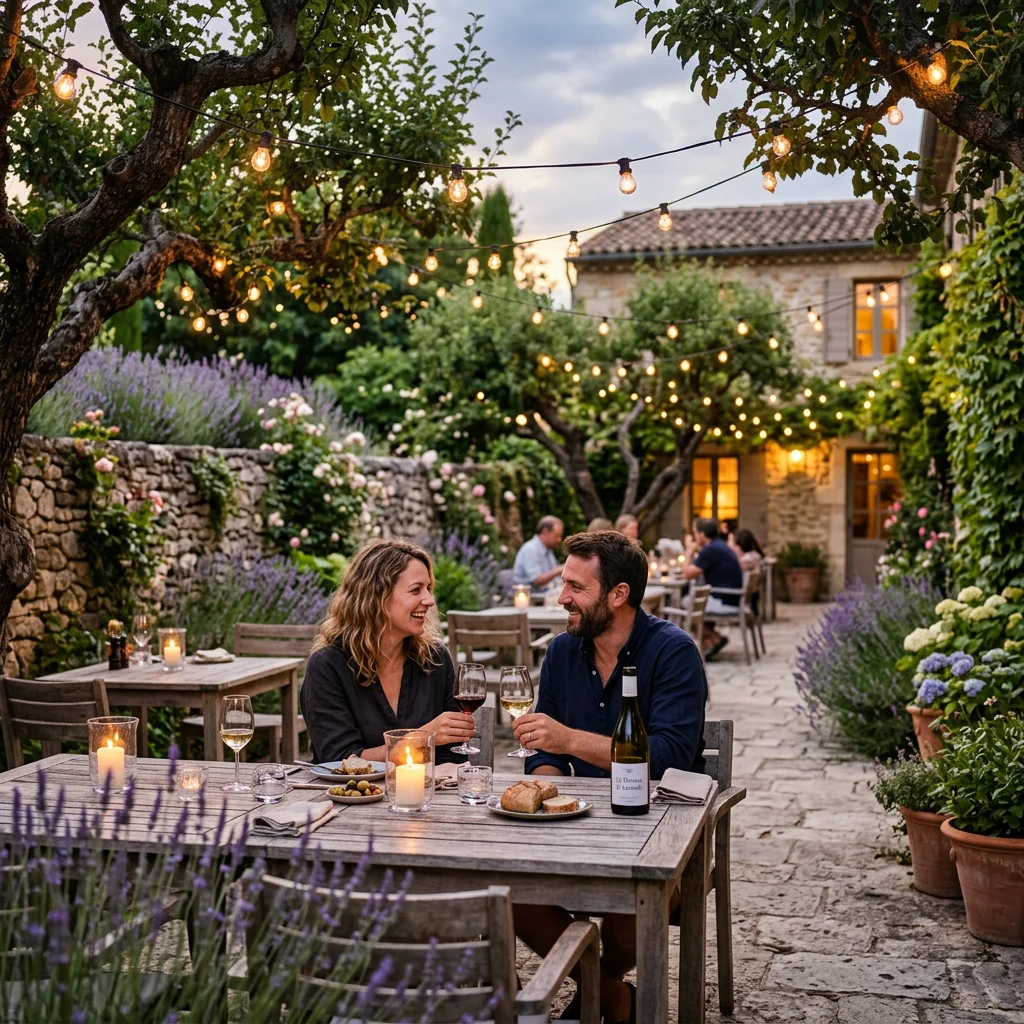 Gartenterrasse am Abend mit Kerzen, Lichterketten zwischen Obstbäumen und Lavendel an der Steinmauer
