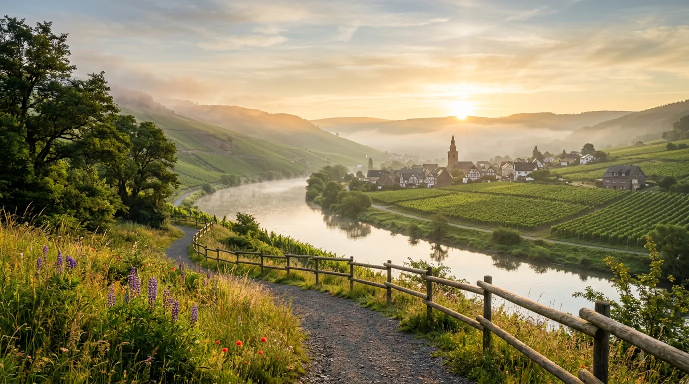 Flusstal mit Weinbergen im Morgennebel, kleines Dorf mit Kirchturm im goldenen Sonnenaufgang