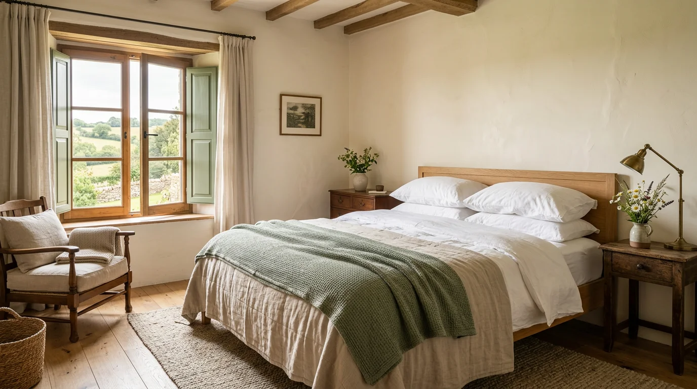 Doppelzimmer mit Holzbett, weißem Leinen, salbeigrüner Decke und Blick durch grüne Fensterläden ins Tal
