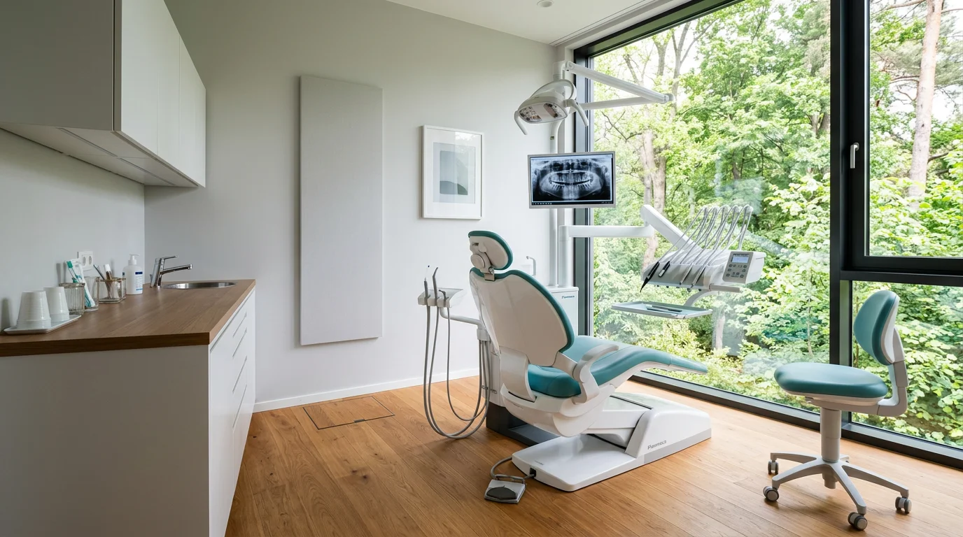 Helles Behandlungszimmer mit türkisfarbenem Behandlungsstuhl und großer Fensterfront mit Blick ins Grüne