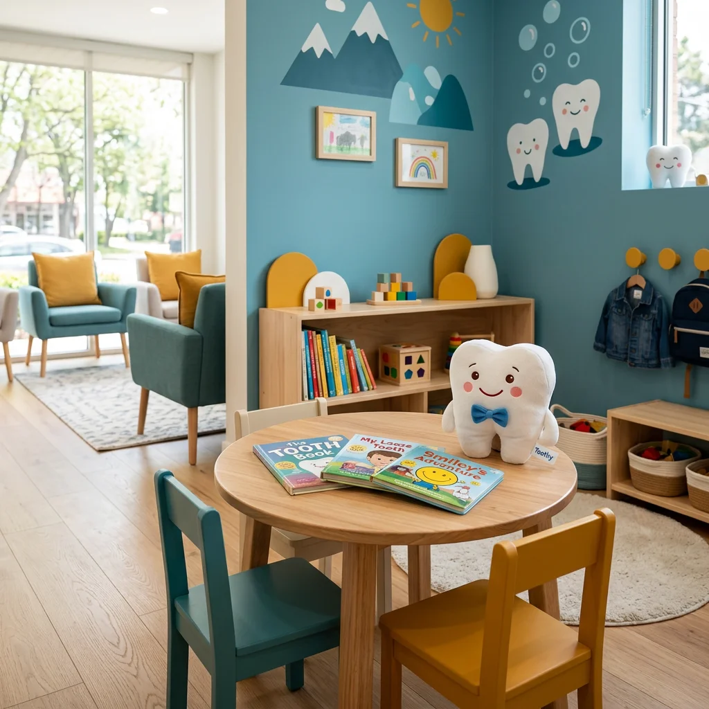 Freundliche Kinderecke mit Spieltisch, Bilderbüchern und Plüsch-Zahn-Maskottchen