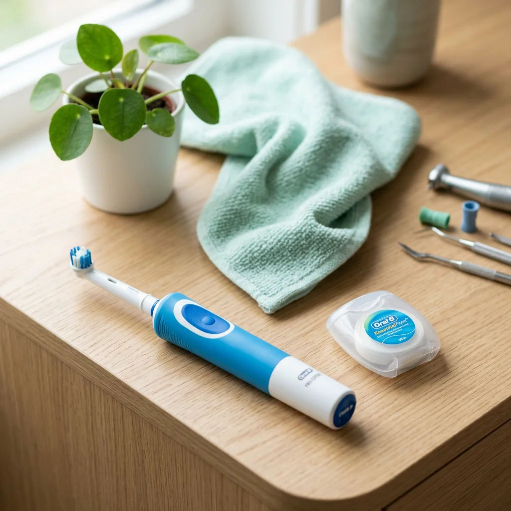 Prophylaxe-Stillleben mit Zahnbürste, Zahnseide und mintgrünem Tuch auf heller Holzfläche
