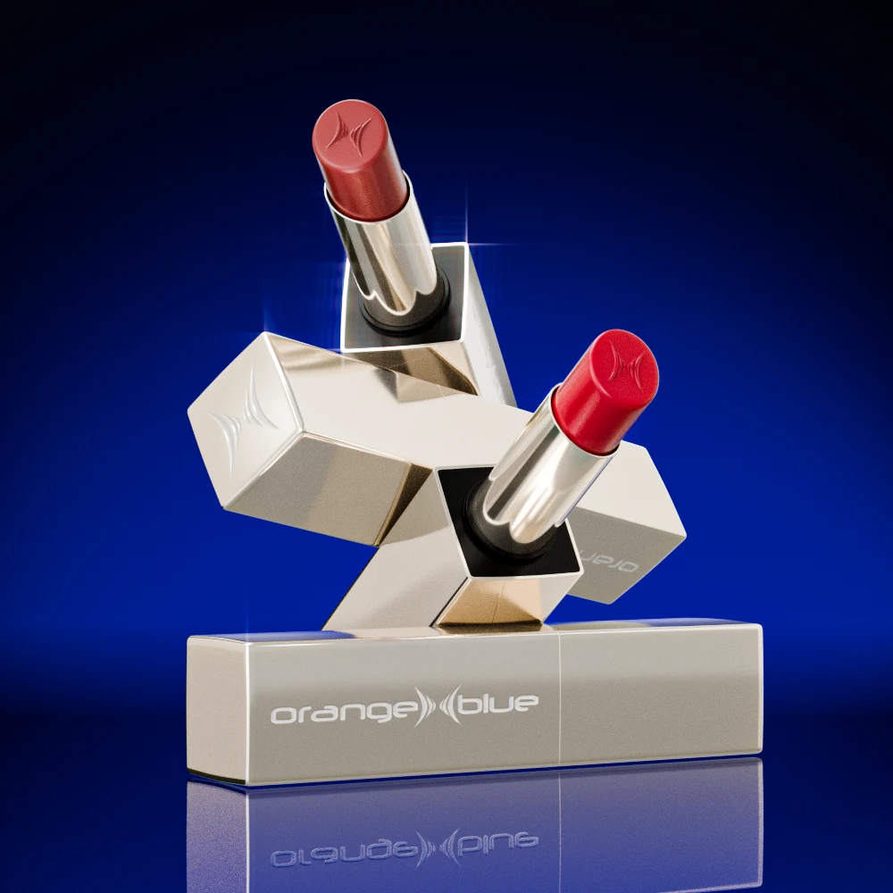 3D-Rendering zweier Lippenstifte als Skulptur vor blauem Hintergrund