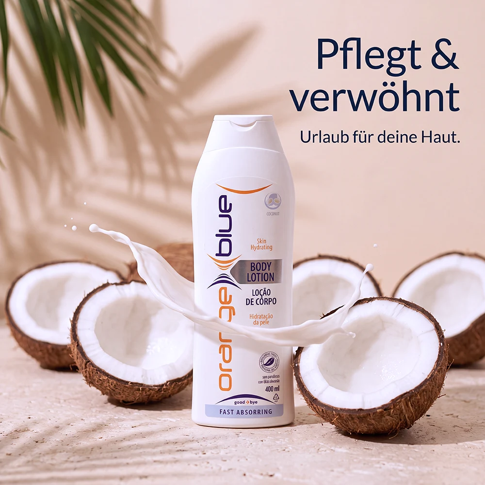 Kampagnenmotiv Bodylotion Kokos: Flasche mit Milch-Splash zwischen Kokosnüssen