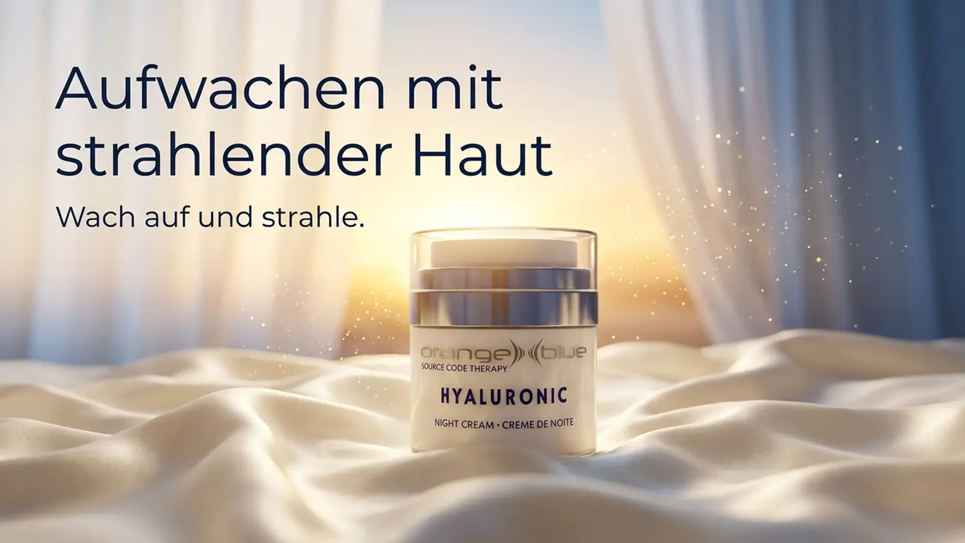 Kampagnenmotiv Nachtcreme: Aufwachen mit strahlender Haut — Tiegel im Morgenlicht