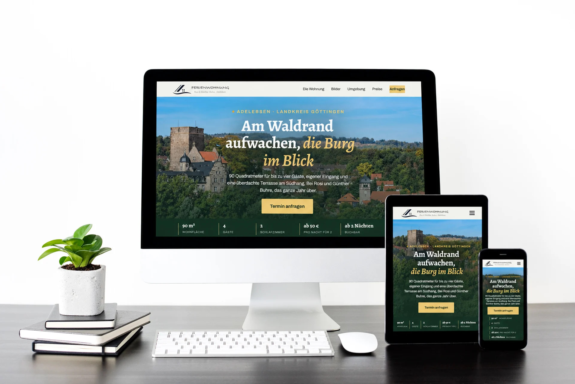 Responsive-Mockup der Ferienwohnungs-Website mit Burgblick in Adelebsen auf drei Geräten