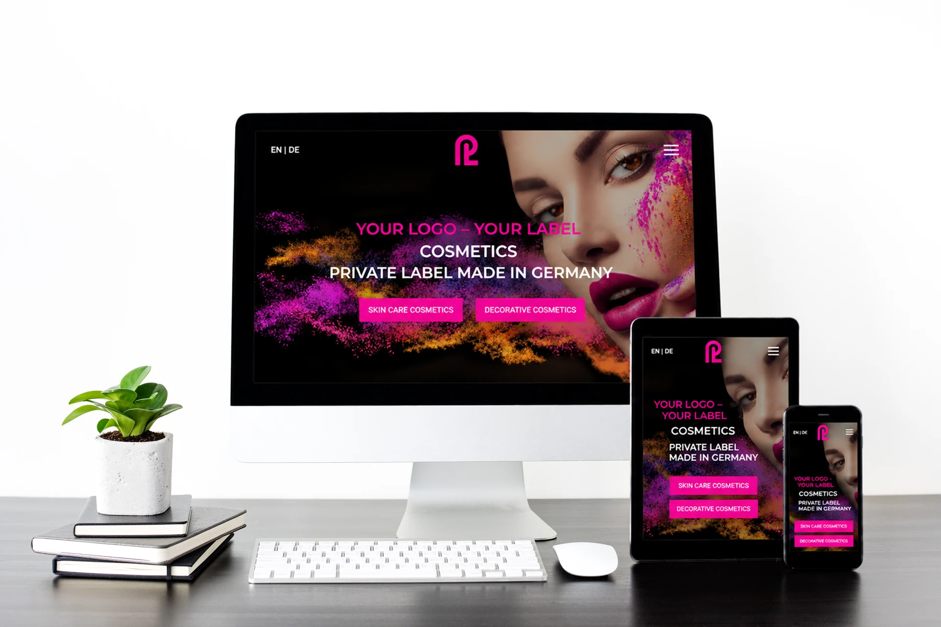 Responsive-Mockup der Private-Label-Website mit Farbpuder-Motiv auf drei Geräten