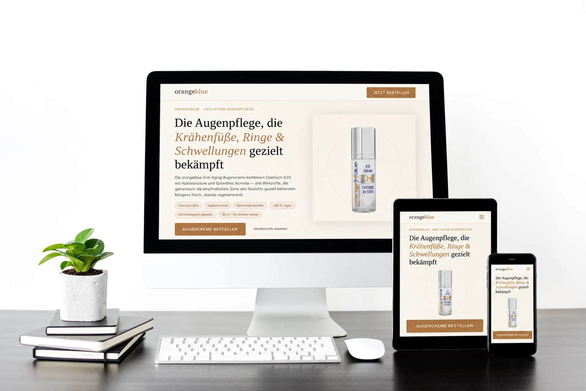 Responsive-Mockup der Produkt-Landingpage zur Anti-Aging Augenpflege auf drei Geräten