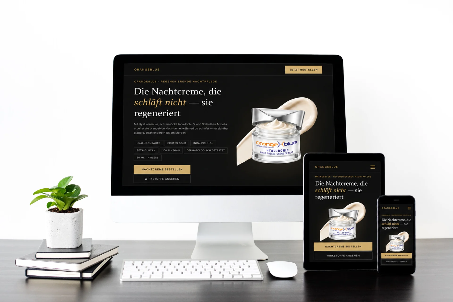 Responsive-Mockup der Produkt-Landingpage zur regenerierenden Nachtcreme in Schwarz-Gold auf drei Geräten