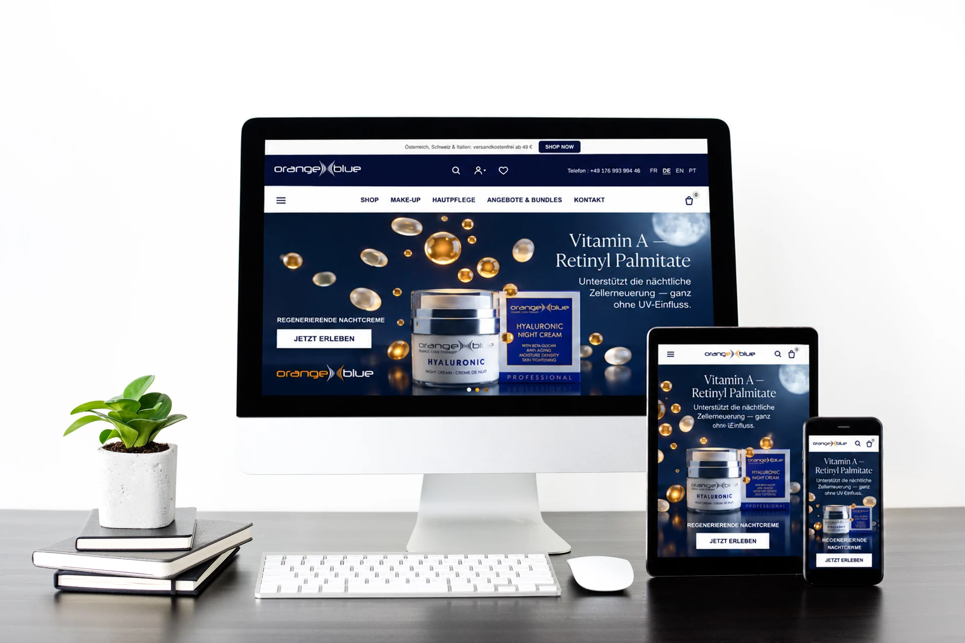 Responsive-Mockup des orangeblue Online-Shops mit Nachtcreme-Kampagne auf drei Geräten