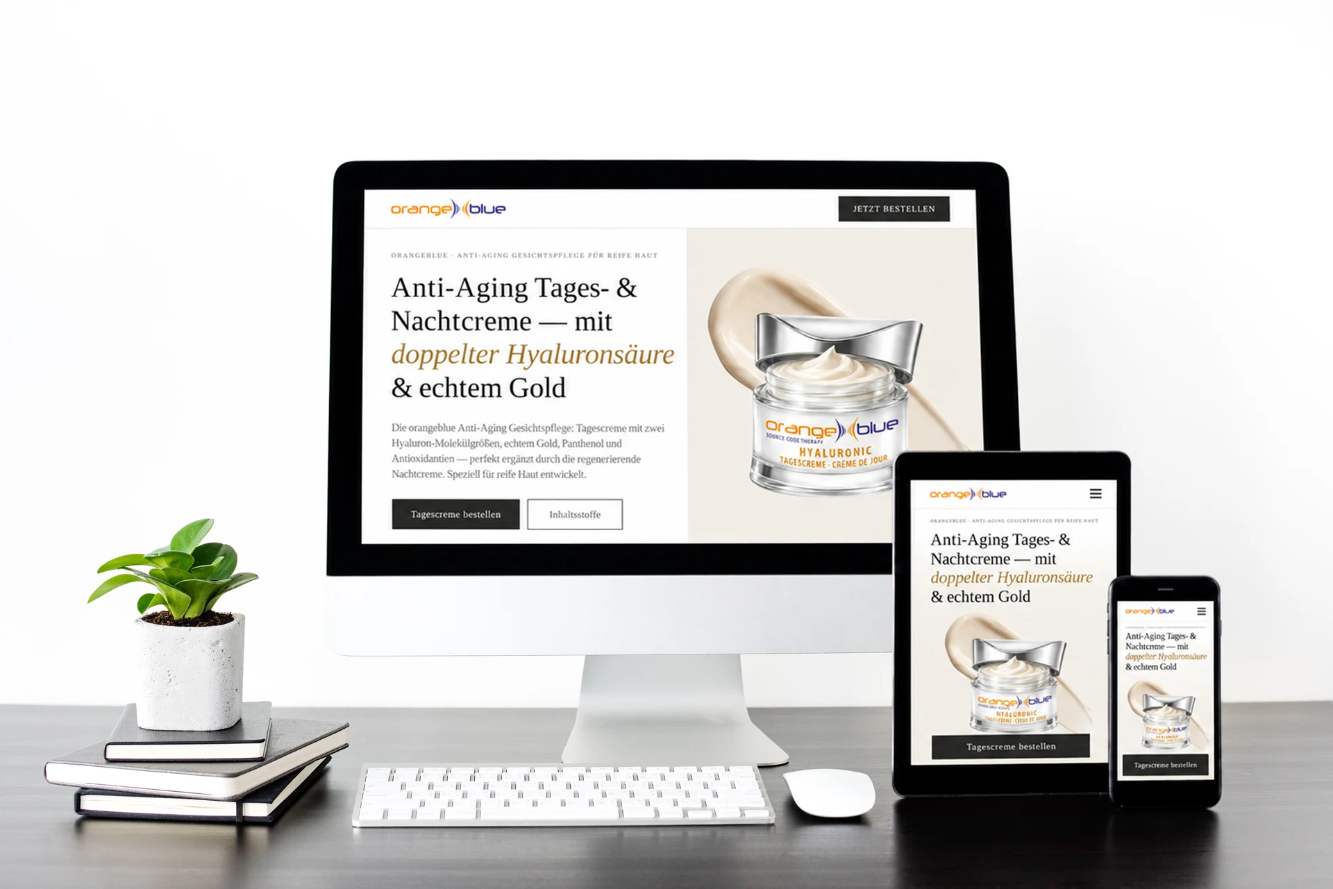 Responsive-Mockup der Produkt-Landingpage zur Anti-Aging Tagescreme auf drei Geräten